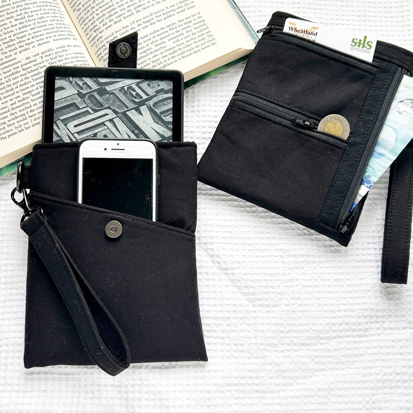 Black EReader Wallet with phone and zipper compartments