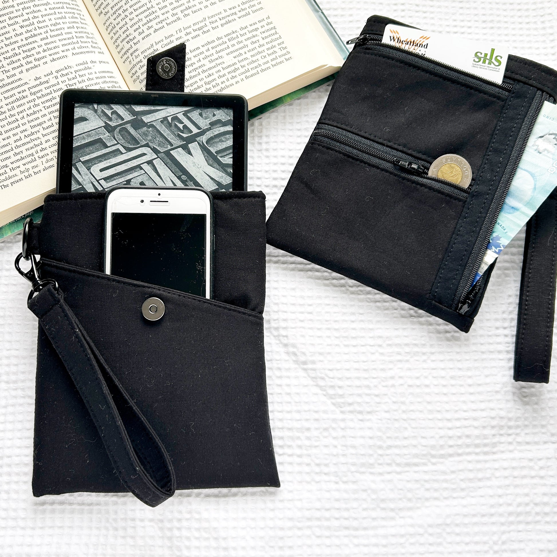 Black EReader Wallet with phone and zipper compartments