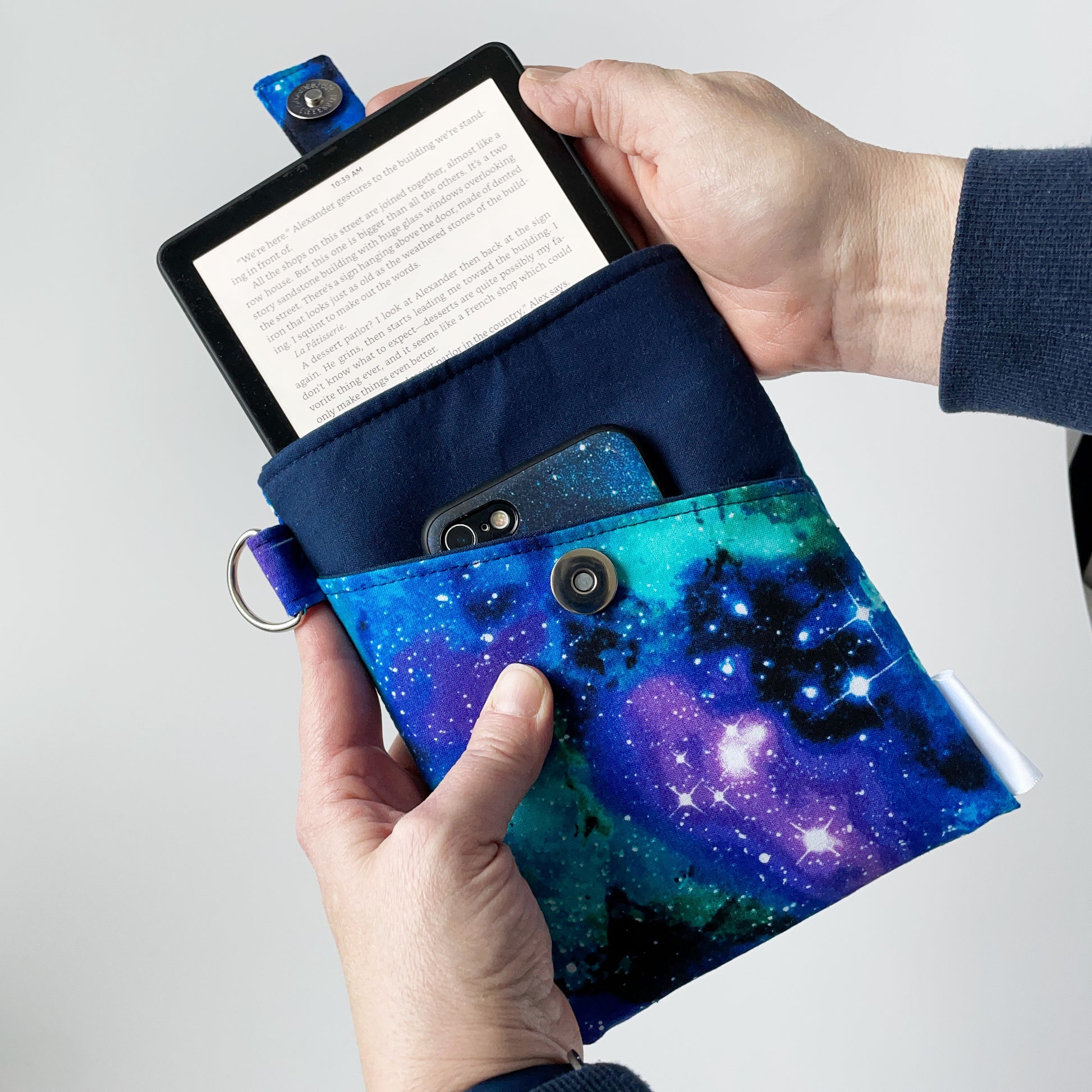 Navy and Galaxy Kindle Sleeve with phone and coin compartments