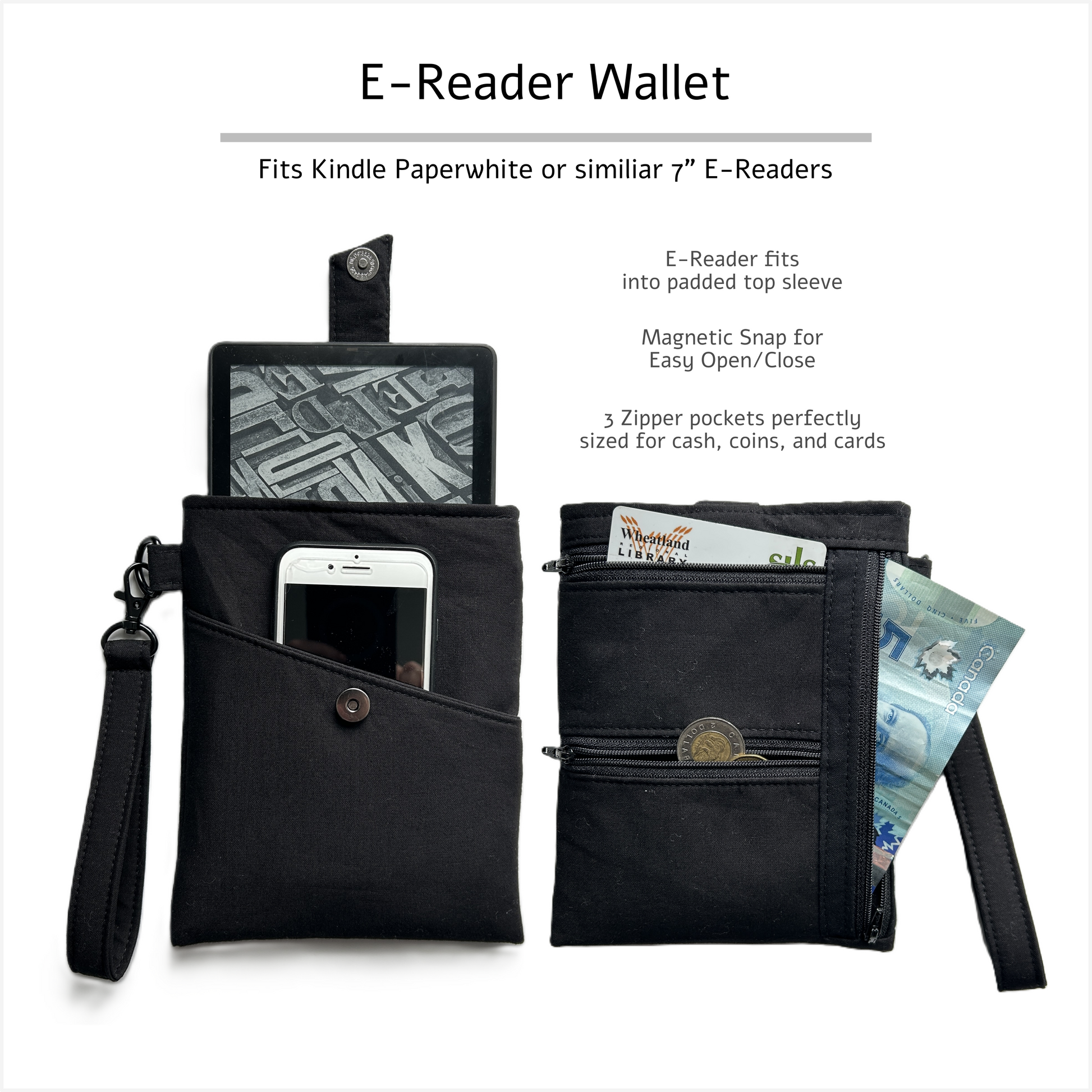 Black e-reader wallet with compartments for an e-reader, phone, and cash on a white background