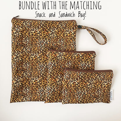 Cheetah print bags with matching snack and sandwich bag on a white background