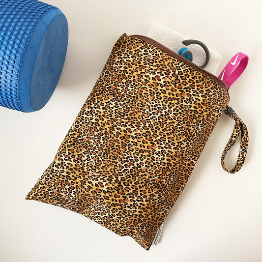 Cheetah print small premium wetbag with gym accessories