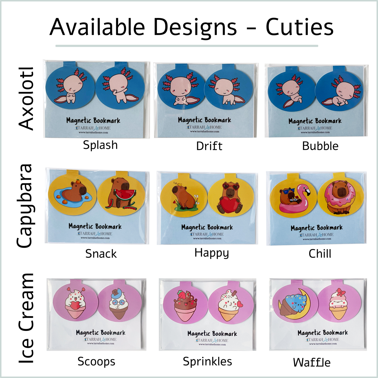 Magnetic Cutie Bookmarks – Axolotl, Capybara and Ice Cream Page Marker Set