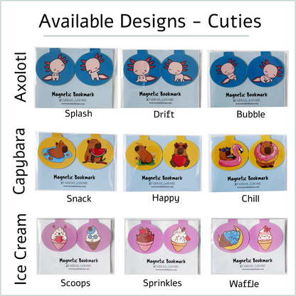 Magnetic Cutie Bookmarks – Axolotl, Capybara and Ice Cream Page Marker Set