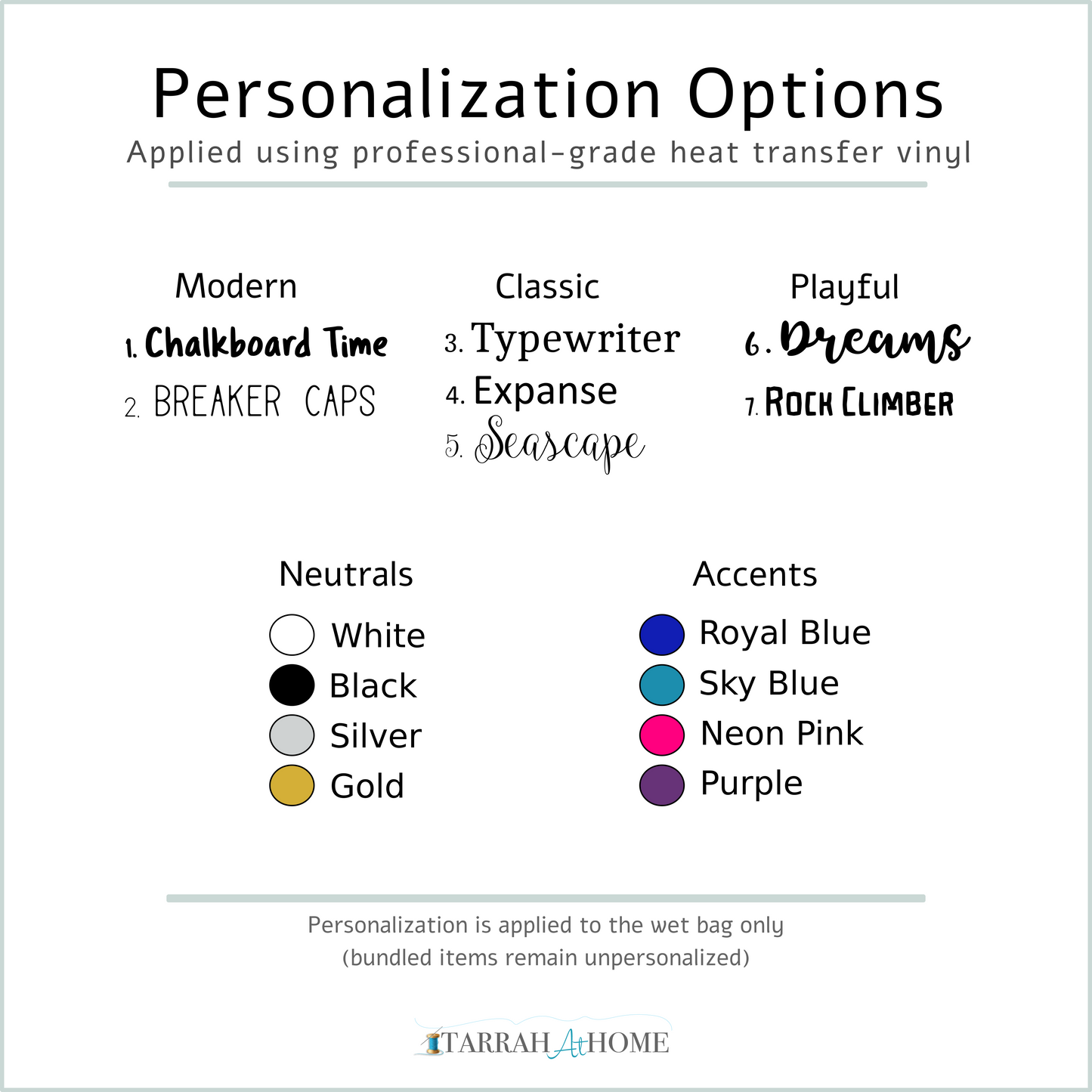 Chart detailing personalization options for bags using heat transfer vinyl, including styles, colors, and a brand logo.