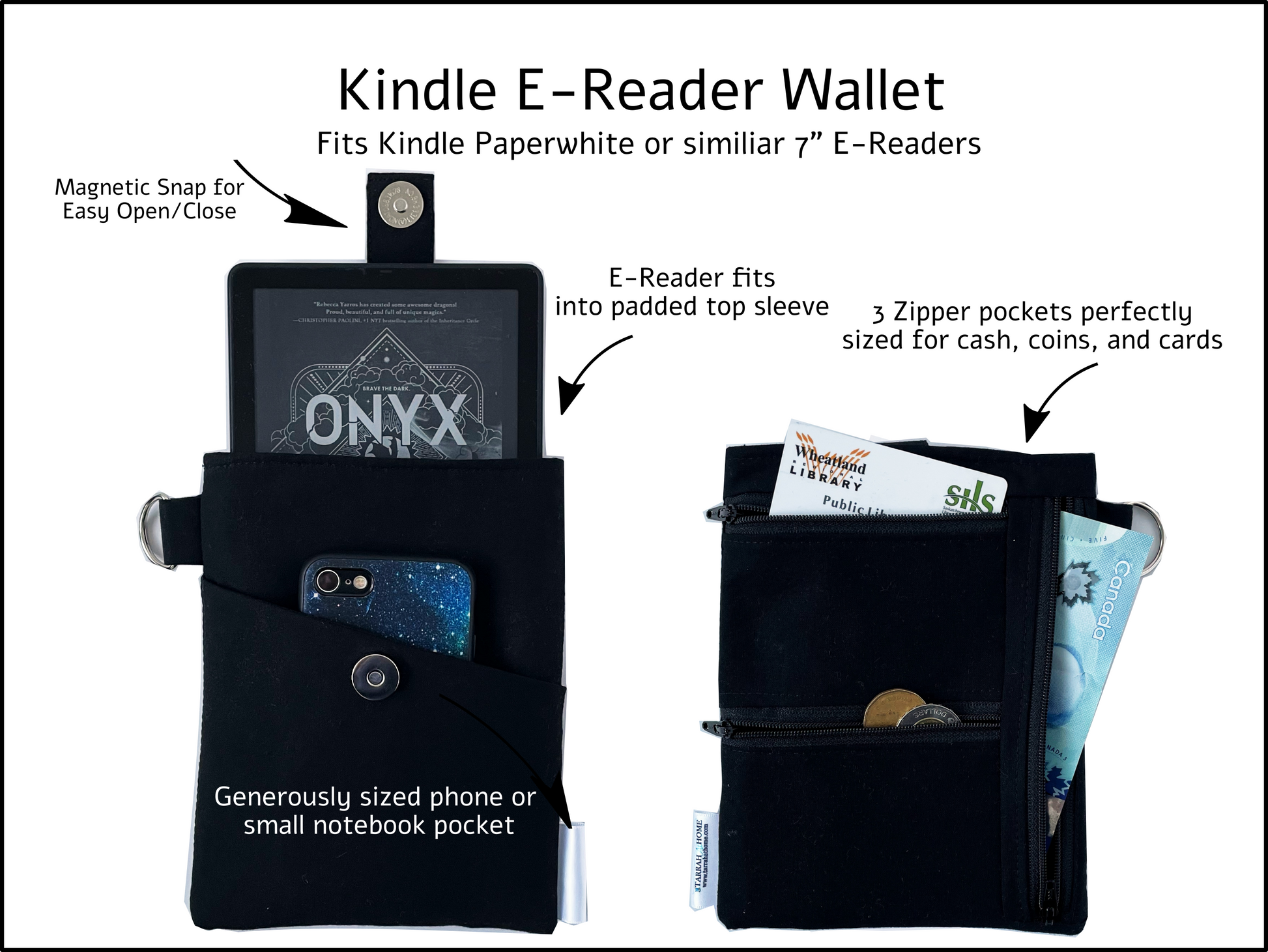 Black e-reader wallet with compartments for Kindle Paperwhite, phone, and cards
