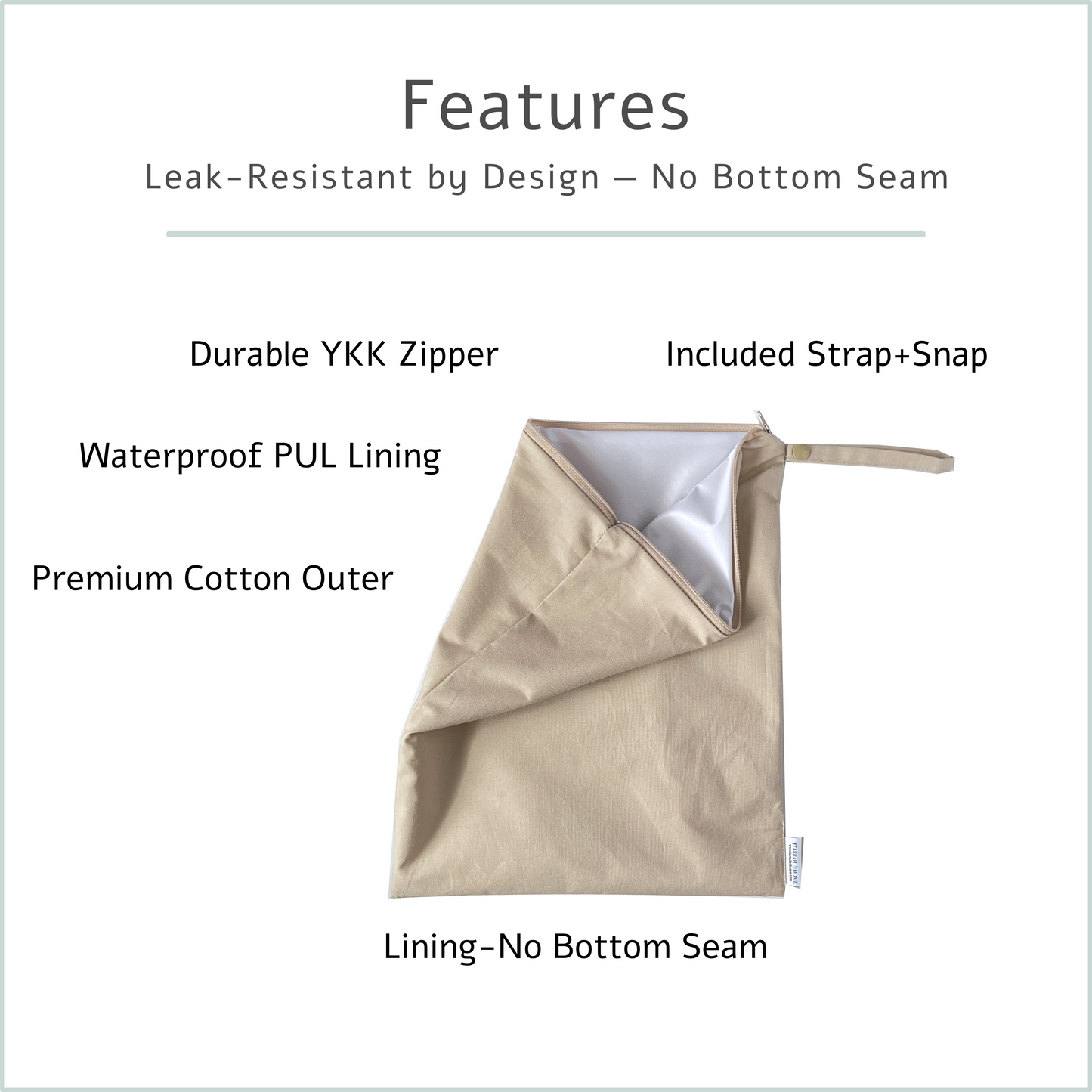 Beige bag with features listed on a white background