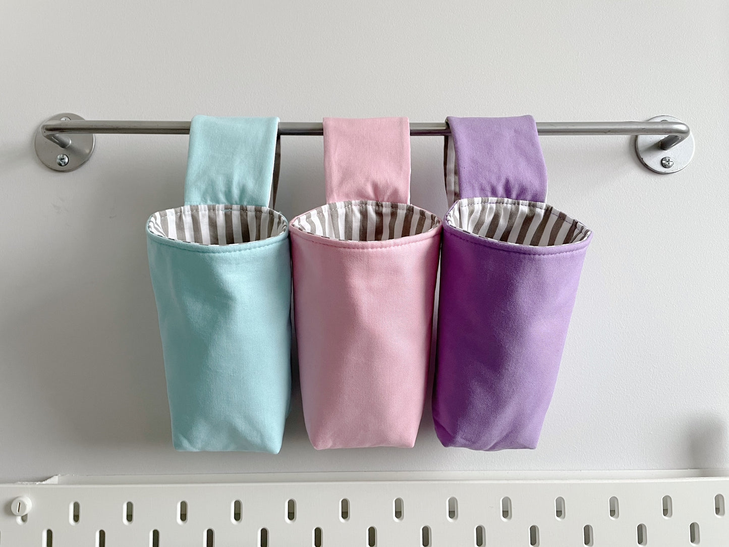 Hanging Room Storage in Pastel with Grey Striped Lining