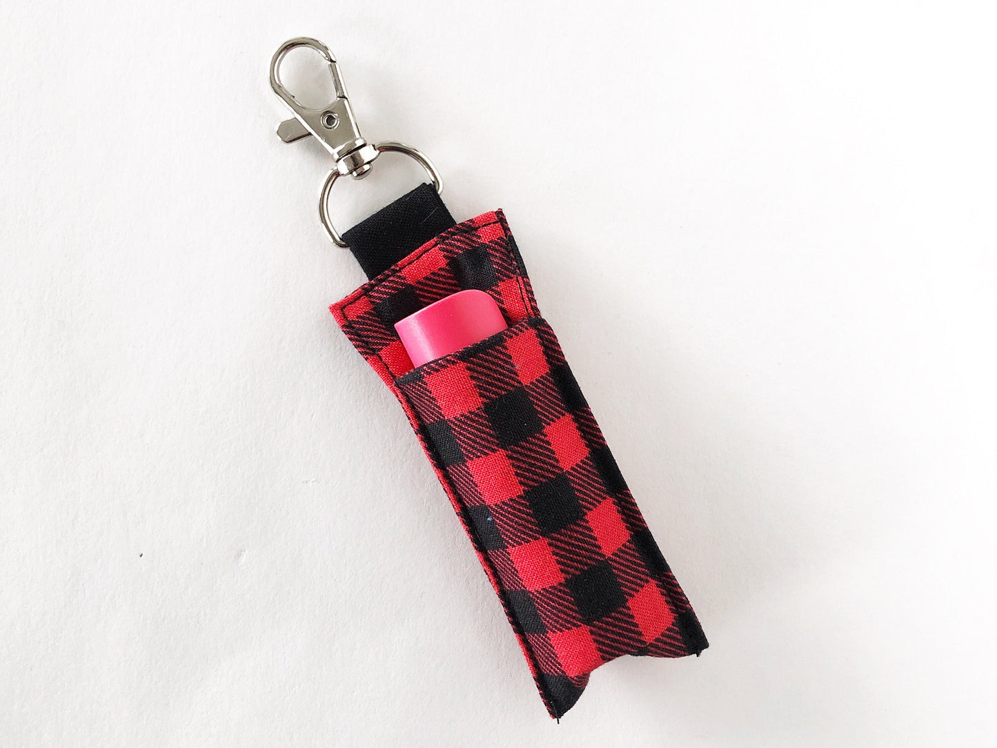 Lip Balm Holder Keychain Sleeve in Red Buffalo Plaid