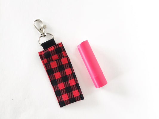 Lip Balm Holder Keychain Sleeve in Red Buffalo Plaid