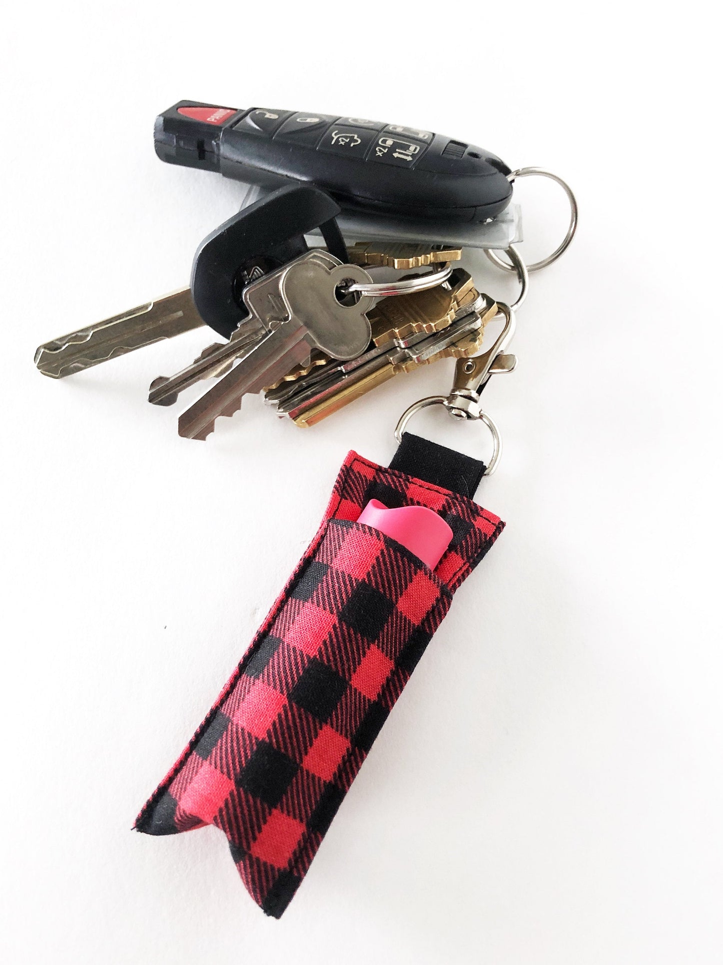 Lip Balm Holder Keychain Sleeve in Red Buffalo Plaid