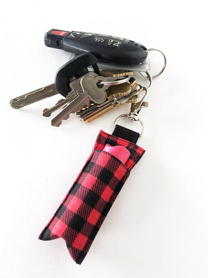 Lip Balm Holder Keychain Sleeve in Red Buffalo Plaid
