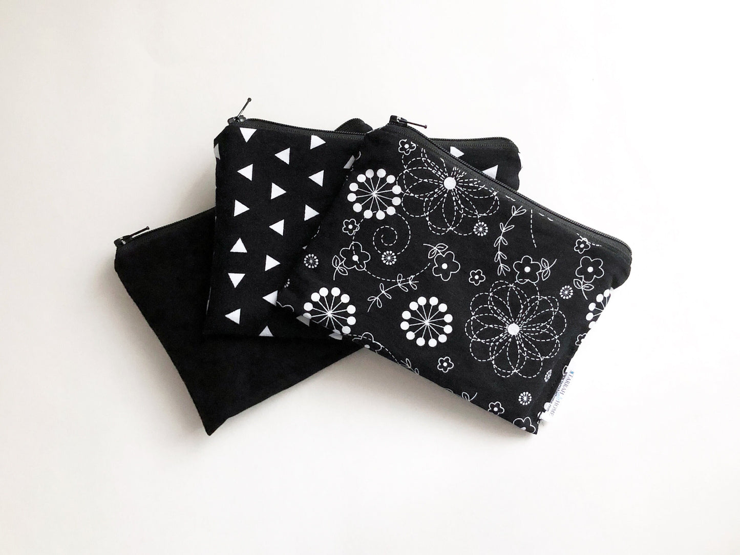 Bundle of 3 Personalized Black Print Reusable Snack Sandwich and Straw Bags