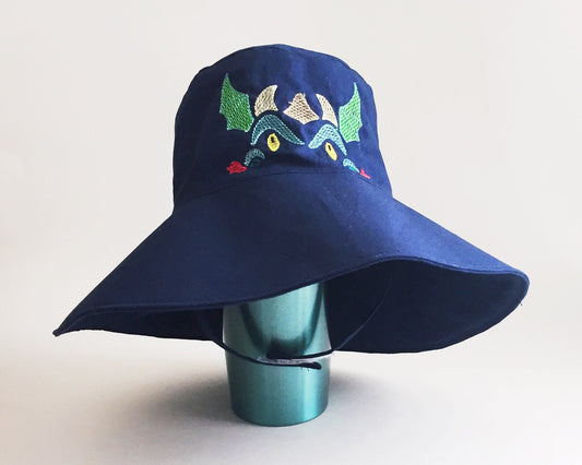 Boys Toddler XS Wide Brim Navy Dragon Bucket Hat with Chinstrap