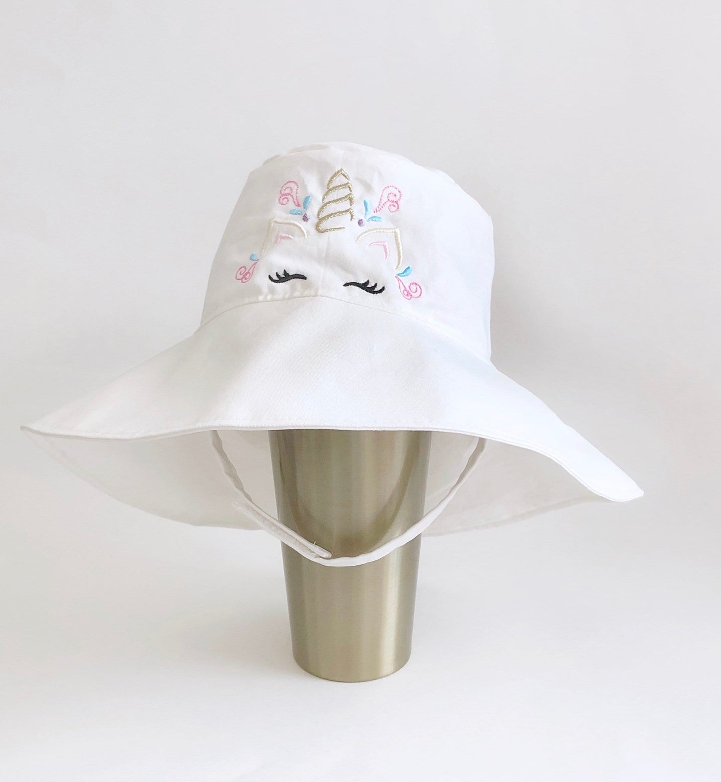 Girl Unicorn Toddler XS Wide Brim Bucket Hat, Chinstrap, for the Beach, Sun and Outdoors
