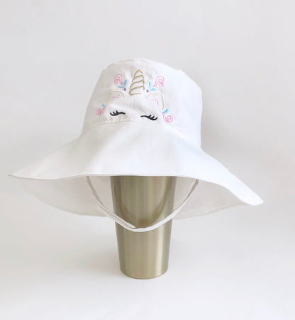 Girl Unicorn Toddler XS Wide Brim Bucket Hat, Chinstrap, for the Beach, Sun and Outdoors