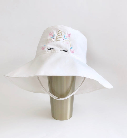 Girl Unicorn Toddler XS Wide Brim Bucket Hat, Chinstrap, for the Beach, Sun and Outdoors